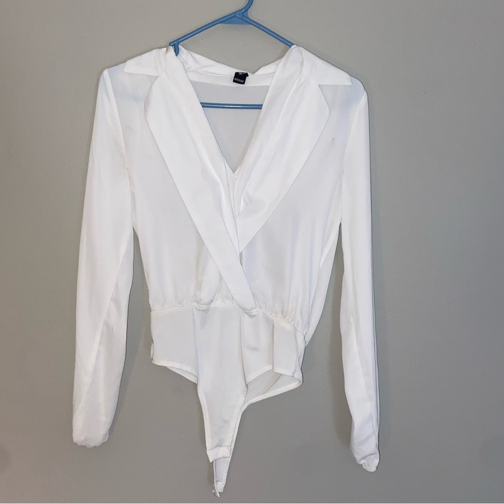 WINDSOR long sleeve, white, dressy v- neck bodysuit
